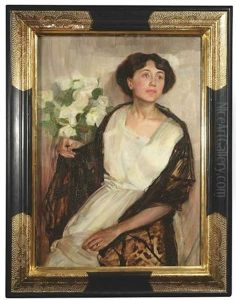 Bildnis Einer Dame Im Weisen Kleid Mit Einem Dunklen Cape Vor Einem Blumenstraus by Ernst Bucher