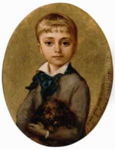 Portrait Of Juliette Faider Wearing A Blue Cravat, Holding A Dog
