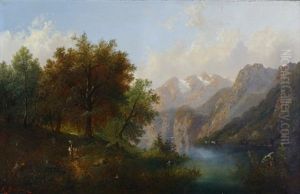 Waldweg Mit Personenstaffage An Einem Alpensee by Carl Buchner