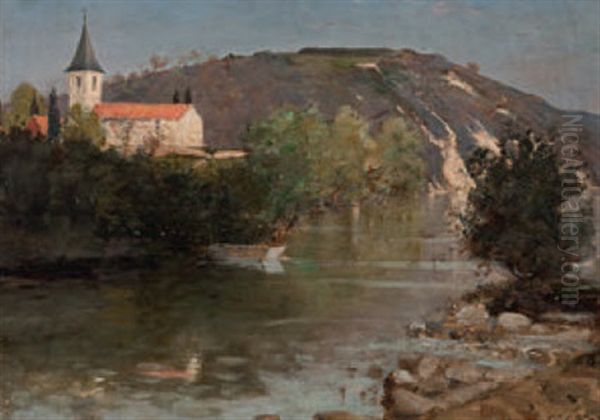 Flusslandschaft Mit Blick Auf Eine Kirche - view 1