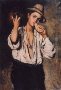 Knabe Mit Krug, Ein Stuck Brot Essend by Frank Buchser