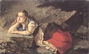 Auf Felsen Liegendes Madchen by Frank Buchser