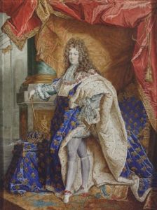 Louis Xiv Wearing Ceremonial Robes Of Royal Blue, White Doublet With Lace Cuffs, Stockings And Slippers; He Stands With The Instruments Of His Investiture...