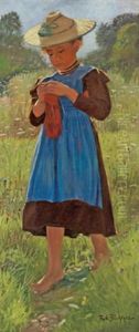 Strickendes Madchen In Einer Bluhenden Wiese Stehend