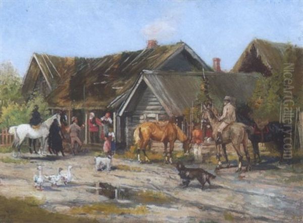 Rastende Reiter Vor Einem Russichen Bauernhaus - view 1