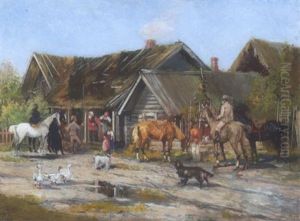 Rastende Reiter Vor Einem Russichen Bauernhaus