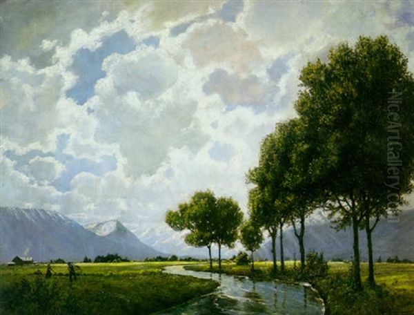 An Extensive River Landscape With Figures Haymaking In The Foreground And Snowcapped Mountains Beyond - view 1