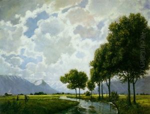 An Extensive River Landscape With Figures Haymaking In The Foreground And Snowcapped Mountains Beyond