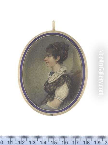 A Lady, Called Lady Pereley, Seated In Profile To The Left Before A Stone Column, Wearing White Chemise With Frilled Collar And Blue Ribbon Beneath Her Black Figured Dress, Long Grey And White Glove - view 1