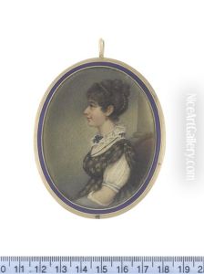 A Lady, Called Lady Pereley, Seated In Profile To The Left Before A Stone Column, Wearing White Chemise With Frilled Collar And Blue Ribbon Beneath Her Black Figured Dress, Long Grey And White Glove
