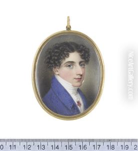 A Gentleman, Wearing Blue Coat, White Waistcoat, Chemise And Stock, A Tiny Posy Of Pink Flowers Pinned To His Chemise, His Brown Hair Parted And Tightly Curled