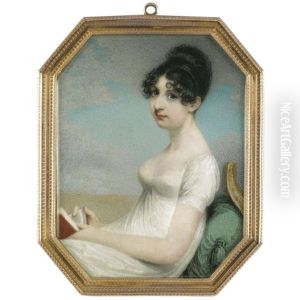 Portrait Of A Lady In A White Dress, Seated, Leaning Against A Green Cushion And Holding A Book by Adam Buck