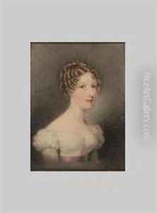 A Lady, Wearing White Dress With Short Puff Sleeves, Thin Pink Ribbon At Her Corsage And Matching Waistband, Her Blonde Hair In Tight Ringlets