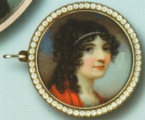 A Fine Portrait Of Camilla Gauteraux, Wearing Red Dress And White Underslip, A Strand Of Pearls In Her Curled Dark Hair