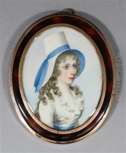 Miniature Shoulder-length Portrait Of A Young Woman Wearing A Fashionable Hat With A Blue Ribbon