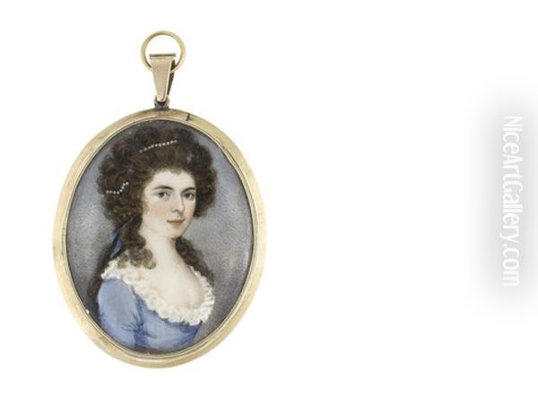 A Lady Called, Anna Russell, Wearing Blue Dress Over White Slip With Frilled Trim, Her Natural Wig Worn A La Conseilleur And Finished With Strands Of Pearls And Matching Blue Ribbon - view 1