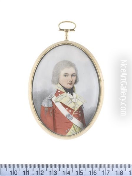 An Officer, Wearing Scarlet Coat With Pale Yellow Facings And Standing Collar, Silver Epaulettes, His White Cross-belt Bearing Oval Regimental Belt-plate Worn Over His Right Shoulder - view 1