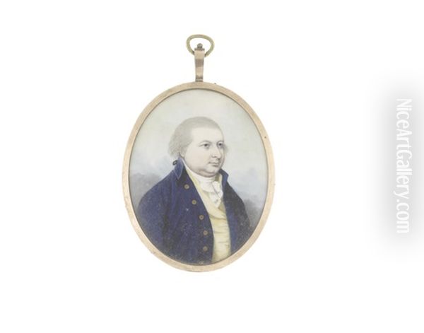 A Gentleman, Wearing Blue Coat, Pale Yellow Waistcoat, White Frilled Chemise And Stock, His Hair Powdered And Tied With Black Ribbon - view 1