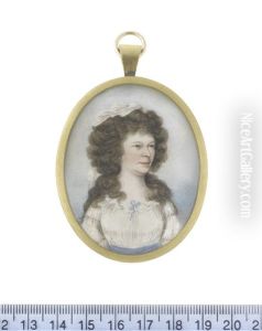 A Lady, Wearing White Dress And Blue Sash, Her Hair Worn A La Conseilleur And Dressed With A White Handkerchief