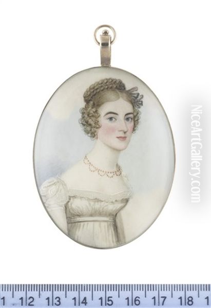 A Lady, Wearing White Dress With Capped Sleeves And Lace Trim To Her Decollete, Tiered Coral Necklace And Pendant Earring, Her Hair Upswept, Plaited And Curled In Ringlets Framing Her Face - view 1
