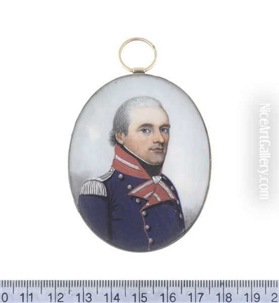 An Artillery Officer, Wearing Blue Coat With Red Facings And Standing Collar, Silver Buttons, Lace And Epaulette, White Frilled Chemise, Black Stock, His Hair Powdered - view 1
