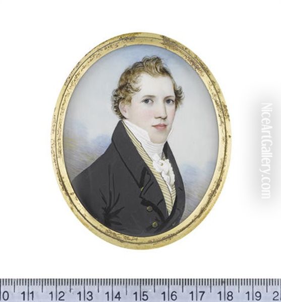 A Gentleman, Wearing Blue Coat, Cream And Gold Striped Waistcoat, Frilled White Chemise, Stock And Frilled Cravat, Gold Shirt Pin - view 1