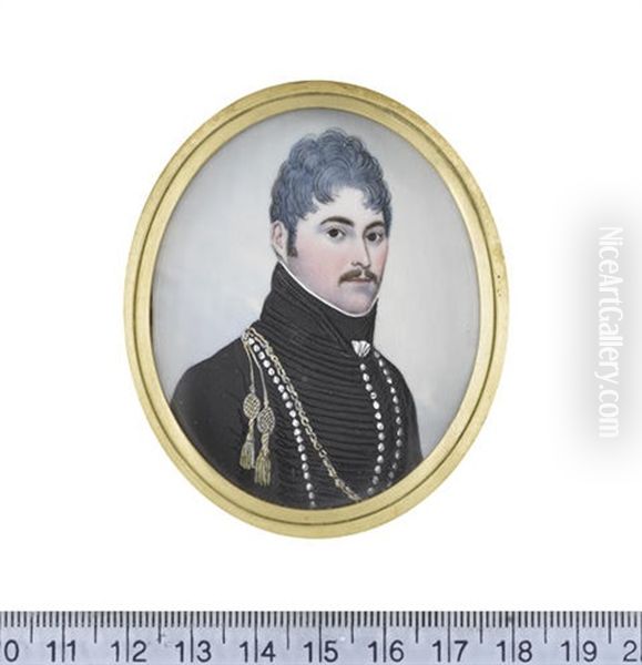 An Officer Of The 10th Light Dragoons, Wearing Black Coat With Standing Collar, Black Lace, Silver Buttons, White Frilled Chemise And Black Stock, A Gold... - view 1