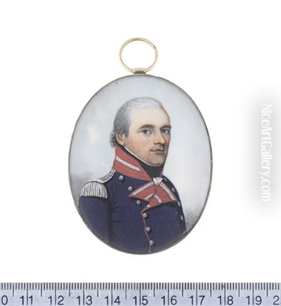 An Artillery Officer, Wearing Blue Coat With Red Facings And Standing Collar, Silver Buttons, Lace And Epaulette, White Frilled Chemise, Black Stock, His... - view 1