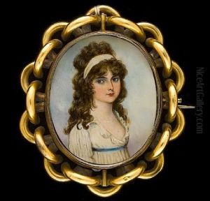 A Lady, Wearing White Dress With Blue Sash, Her Curling Brown Hair Worn Long And Dressed With A Bandeau