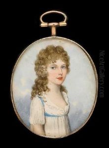 A Lady, Wearing White Dress With Blue Sash, Her Curling Brown Hair Worn Long