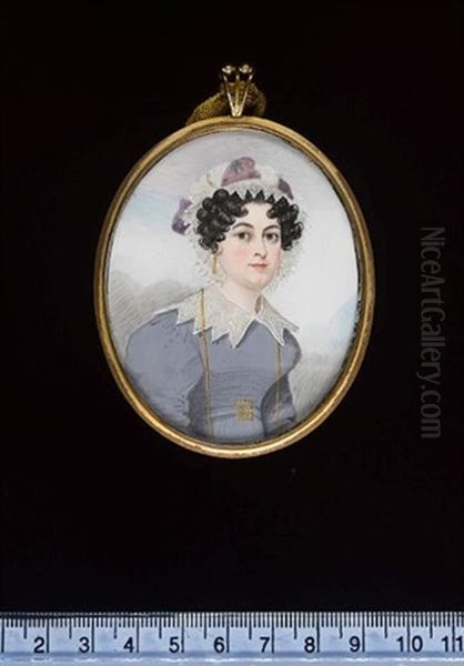 A Lady Wearing Mauve Dress, Matching Waistband With Gold Buckle, White Lace Collar, Gold Strand Necklace And Gold Earrings, Her Head Adorned With Mauve And White Striped Turban With Lace Trim - view 1