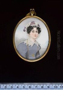 A Lady Wearing Mauve Dress, Matching Waistband With Gold Buckle, White Lace Collar, Gold Strand Necklace And Gold Earrings, Her Head Adorned With Mauve And White Striped Turban With Lace Trim by Frederick Buck