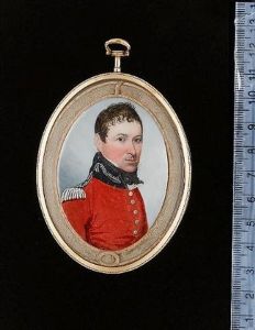 A Staff Officer, His Scarlet Coat With Dark Blue Collar Embroidered In Silver And A Similarly Coloured Epaulette