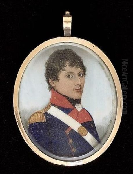An Officer (of Volunteers?) Wearing Dark Blue Coat Faced Red With Turned Back Lapels And Gold Epaulettes, His Oval Belt Plate Engraved With A Star Centred By Royal Monogram Qr - view 1