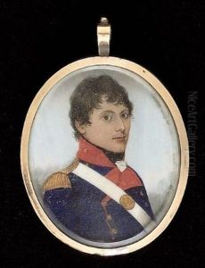 An Officer (of Volunteers?) Wearing Dark Blue Coat Faced Red With Turned Back Lapels And Gold Epaulettes, His Oval Belt Plate Engraved With A Star Centred By Royal Monogram Qr