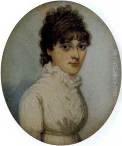 A Young Lady, In A White Dress With High Frilled Collar, Thin White Sash And Upswept Curling Hair by Frederick Buck