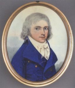 A Young Gentleman In A Blue Coat With Gold Buttons, White Waistcoat And Tied Cravat, Powdered Hair by Frederick Buck