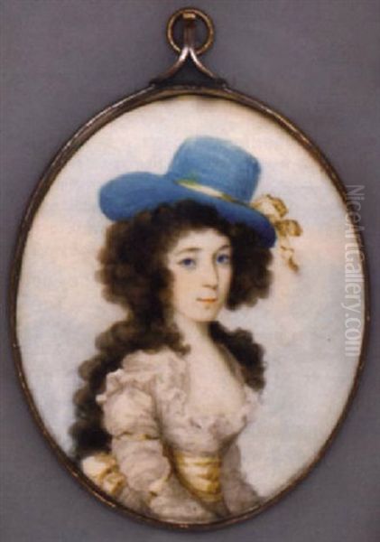 A Young Lady In Ruffle Bordered White Silk Dress, Yellow Sash, Blue Hat With Yellow Ribbon In Her Long Curling Brown Hair - view 1