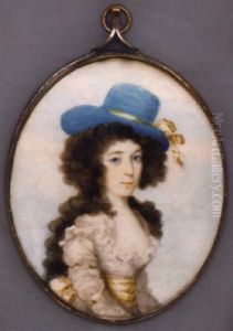 A Young Lady In Ruffle Bordered White Silk Dress, Yellow Sash, Blue Hat With Yellow Ribbon In Her Long Curling Brown Hair A Young Lady In Ruffle Bordered White Silk Dress, Yellow Sash, Blue Hat With Yellow Ribbon In Her Long Curling Brown Hair
