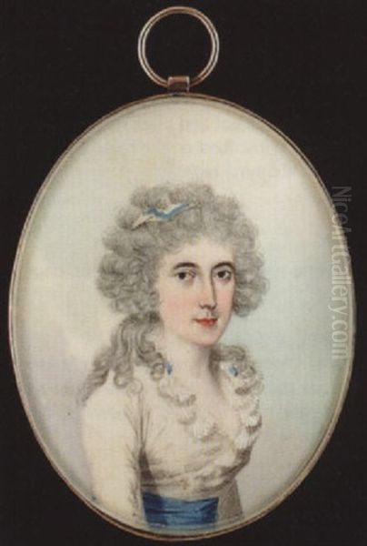 A Lady Wearing Blue And White Striped Bandeau In Her Hair And Decollete White Dress With Frilled Collar And Blue Waistband - view 1