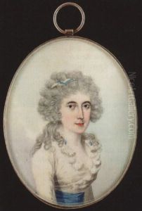 A Lady Wearing Blue And White Striped Bandeau In Her Hair And Decollete White Dress With Frilled Collar And Blue Waistband