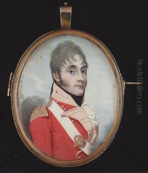 A Young Officer Wearing The Uniform Of The 48th Regiment Of Foot, Scarlet Coat, Gold Epaulette, White Sword Belt, Black Stock And Frilled White Cravat - view 1