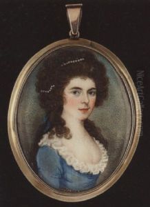 The Hon. Anne, Lady Russell, Wearing Strand Of Pearls And Blue Ribbon In Her Hair And Decollete Blue Dress With Frilled White Collar