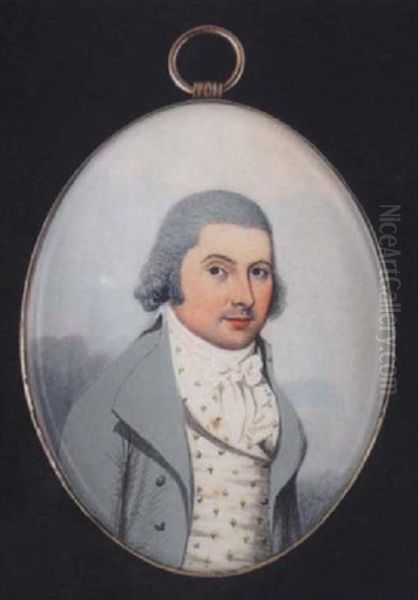 A Gentleman With Powdered Hair, Wearing Pale Green Coat, White Waistcoat With Floral Motif And Tied White Stock - view 1