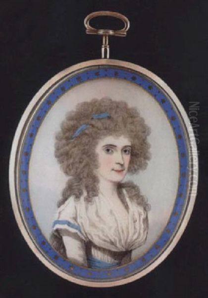 A Lady With Blue Ribbon Bandeau In Her Powdered Wig, Wearing White Dress, Capped Sleeve Trimmed With Blue Ribbon And Matching Waistband - view 1