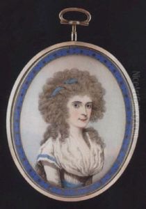 A Lady With Blue Ribbon Bandeau In Her Powdered Wig, Wearing White Dress, Capped Sleeve Trimmed With Blue Ribbon And Matching Waistband by Frederick Buck