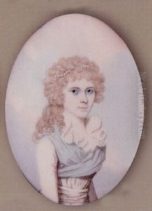 Portrait Of A Lady, With Strand Of Pearls In Her Powdered Hair, Wearing White Dress With Blue Fichu And White Collar by Frederick Buck