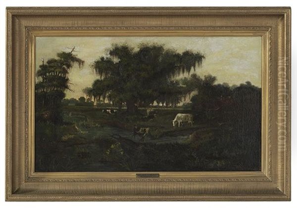 Louisiana Bayou Settlement With Cattle, Probably Bayou Teche, Oaklawn Plantation, Now Oaklawn Manor, Franklin, Louisiana - view 1