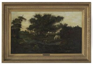 Louisiana Bayou Settlement With Cattle, Probably Bayou Teche, Oaklawn Plantation, Now Oaklawn Manor, Franklin, Louisiana by William Henry Buck