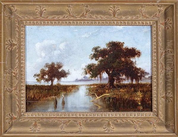 Louisiana Bayou With Live Oak Trees And Egret - view 1